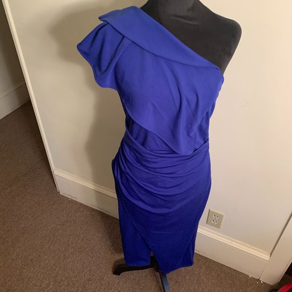 Gentle Warm Royal Blue Size L (US 12/14) One Shoulder Ruched Asymmetrical Midi - Picture 1 of 5